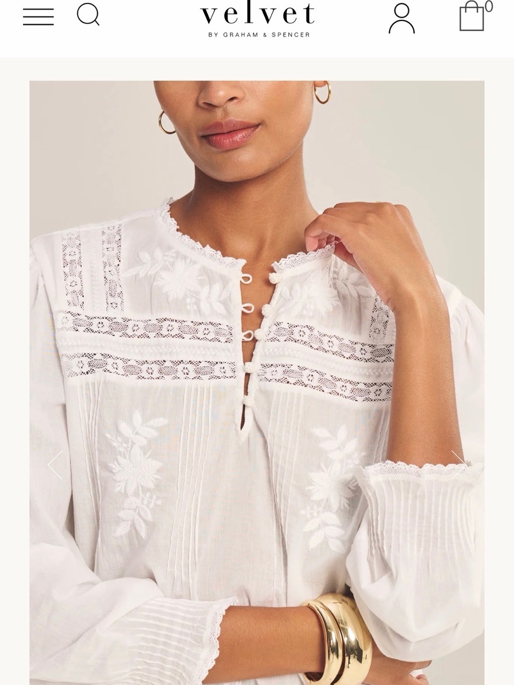 Velvet by Graham & Spencer Byrdie White Embroidered Lace Pintuck Blouse - Picture 2 of 7